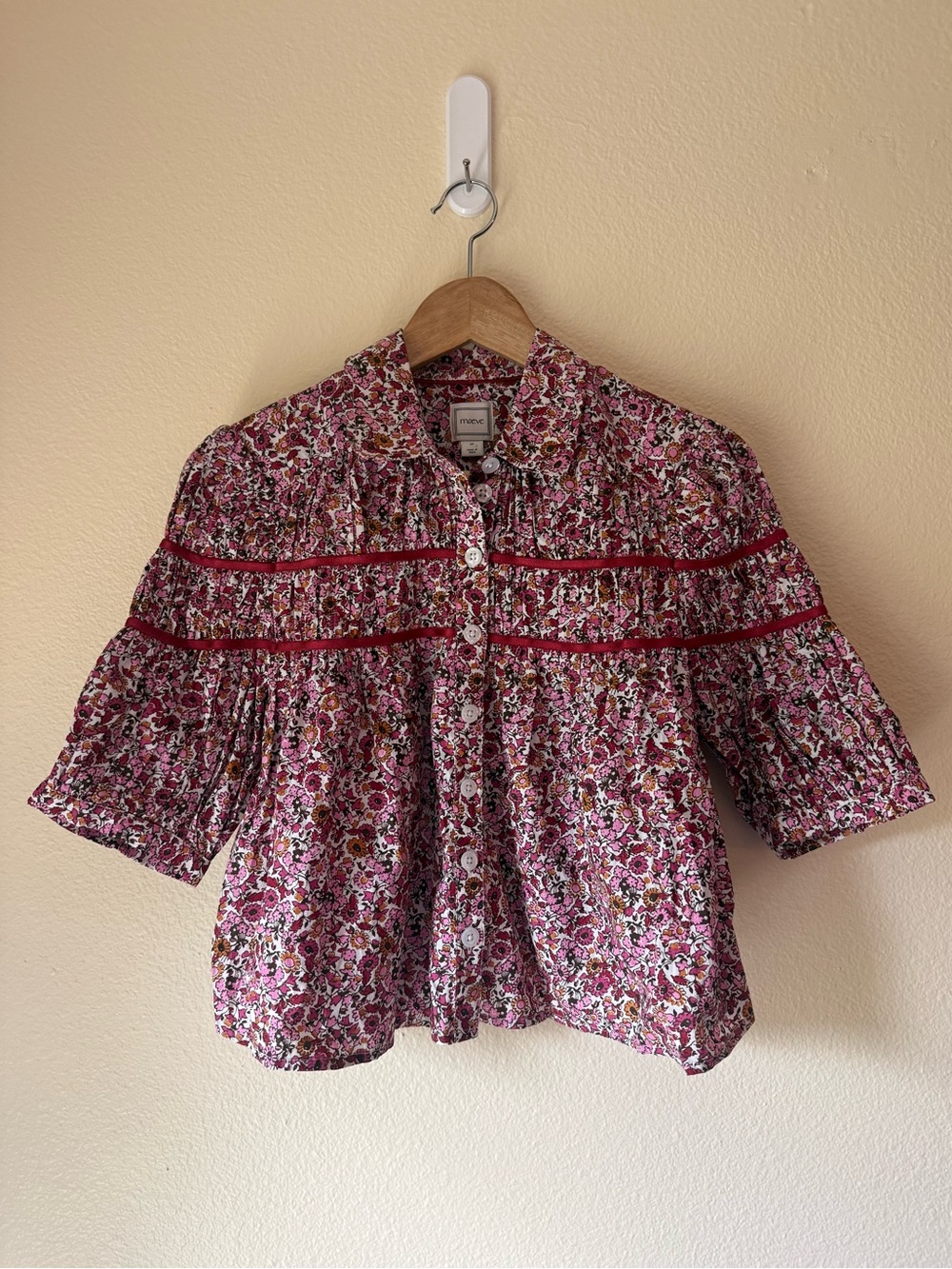 Maeve Pink Floral Button-Front Shirt with Ruffle Yoke
